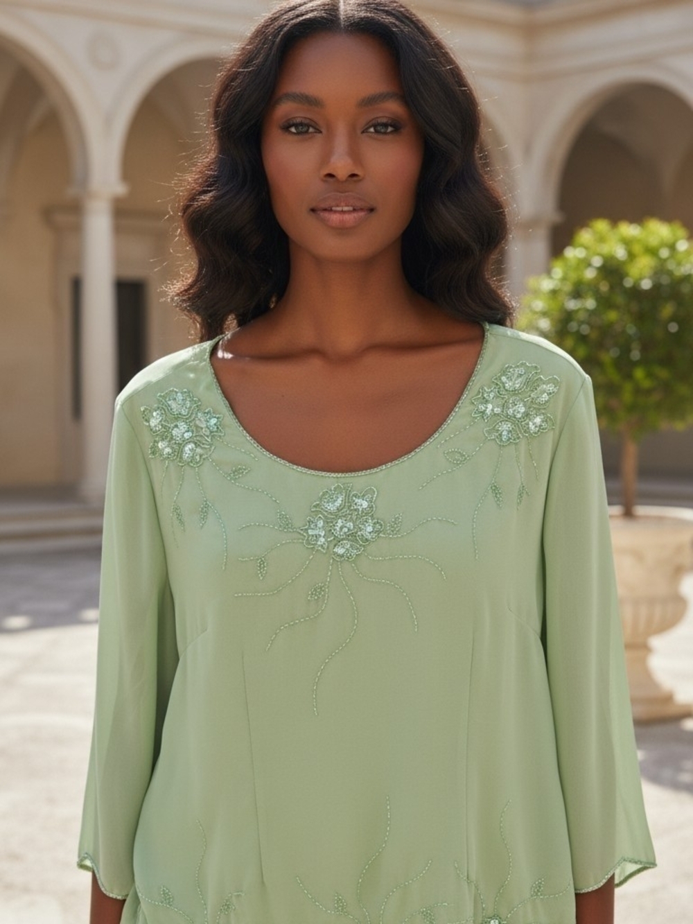 Anthony Richards Light Mint Green Beaded Floral Evening Blouse Sz.18P